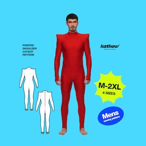 May include: A red catsuit with pointed shoulders is modelled against a blue backdrop. The image includes a sewing pattern with the text "POINTED SHOULDER CATSUIT PATTERN". The pattern is available in sizes M-2XL.