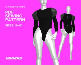 Puff Sleeve Leotard Sewing Pattern (Sizes S - 4X) - PDF DOWNLOAD - Drag Queen Costume, Rave Bodysuit, Gymnastics Leotard, High Waisted