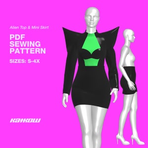Peut inclure: Patron de couture PDF pour un haut et une mini-jupe extraterrestres. Le patron comprend les tailles S-4X. L'image montre une tenue noire et verte avec des épaules exagérées. Le texte "PDF SEWING PATTERN" et "SIZES: S-4X" est affiché sur un fond rose.