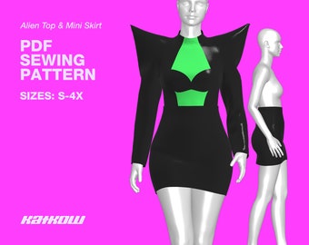 Alien Top and Mini Dress Sewing Pattern (Sizes S - 4X) - PDF DOWNLOAD - Drag Queen Costume, Fanasty, Rave Top, Cosplay, Spike Shoulder