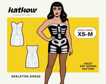 Patrón de costura para disfraz de Halloween de Drag Queen (XS-M), vestido de esqueleto, costura de princesa espeluznante