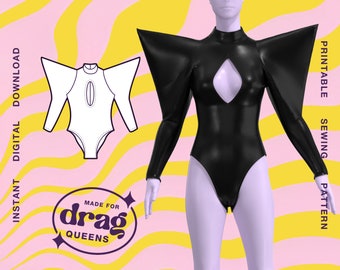 May include: Printable sewing pattern for a black bodysuit with a keyhole cutout and dramatic, pointed shoulder pads. The pattern is made for drag queens and is available for instant digital download.