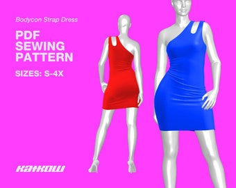 Asymmetric Bodycon Dress Sewing Pattern (Sizes S - 4X) - PDF DOWNLOAD - Drag Queen Costume, Strap Dress, Sexy Dress, Cocktail Dress