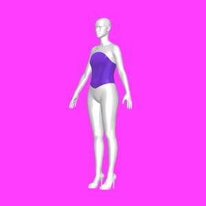 May include: A white mannequin wearing a purple strapless corset and white high heels.