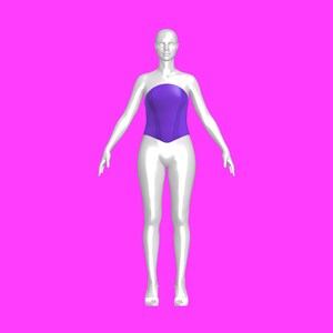 May include: A white mannequin wearing a purple strapless corset.