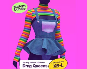 Sexy Killer Doll Costume (XS-L) Sewing Pattern BUNDLE for Drag Queens Halloween PDF Chucky Overalls Long Sleeve Shrug and Peplum Belt