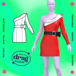 Könnte beinhalten: Ein druckbares Schnittmuster für ein rotes und silbernes One-Shoulder-Kleid mit einem schwarzen Gürtel. Das Schnittmuster ist für Drag Queens gemacht und steht zum sofortigen digitalen Download bereit.