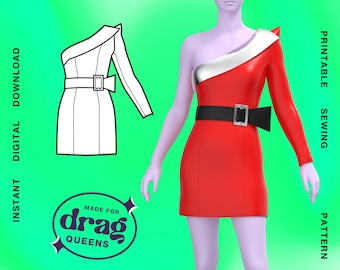 Asymmetric Pointed Sleeve Mini Dress Sewing Pattern (Sizes XS-4X) - PDF Drag Queen Costume Fashion Midi Holiday Santa Princess Midi Evening