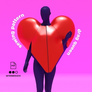 May include: A sewing pattern for a red heart-shaped costume. The pattern is labeled "drag queen sewing pattern" and is for an intermediate skill level. The pattern is available as a PDF download.