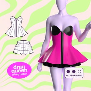 Könnte beinhalten: Ein Schnittmuster für ein Drag-Queen-Kostüm, bestehend aus einem pinkfarbenen und schwarzen Korsett mit einem Reißverschluss vorne und einem weißen, gerafften Rock. Das Schnittmuster ist mit "drag queen sewing pattern" beschriftet und als "mittel" schwierig gekennzeichnet.