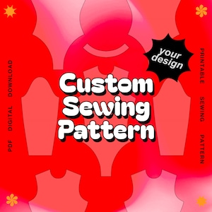 Może przedstawiać: Czerwone tło z nakładką tekstową w kolorze białym, która brzmi "Custom Sewing Pattern". Tło ma efekt gradientu i zawiera kilka czerwonych zarysów wzorów odzieży. Czarna chmurka z białym tekstem brzmi "your design".