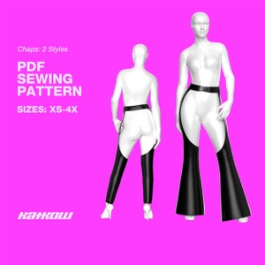Chaps Sewing Pattern Two Styles (Sizes XS - 4X) - PDF DOWNLOAD - Drag Queen Costume, Festival Chaps, Ass less Chaps, Bell Bottoms