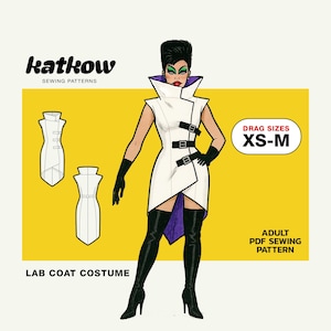 May include: Illustration of a white lab coat costume with black accents, buckles, and a purple lining. The image includes the text "katkow SEWING PATTERNS" and "LAB COAT COSTUME". The size range is XS-M. An adult PDF sewing pattern.