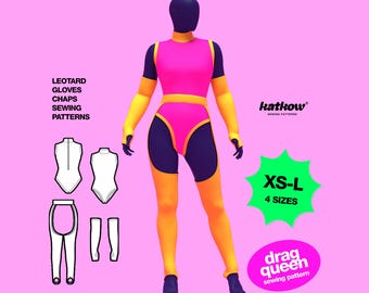 Stretch Set Leotard (XS-L) Sewing Patterns For Drag Queens Costume Unitard Stretch Bodysuit Fingerless Gloves and Chaps