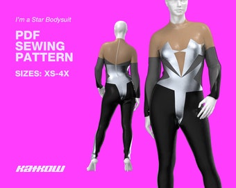 May include: A PDF sewing pattern for a black and silver bodysuit with a star design. The pattern is available in sizes XS-4X. The text "I'm a Star Bodysuit" and "PDF SEWING PATTERN" is displayed on the image. The text "KAKKOU" is displayed at the bottom of the image.