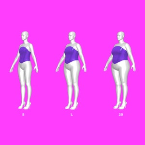 May include: Three mannequins wearing a purple corset, each in a different size: S, L, and 2X. The mannequins are standing on a pink background.