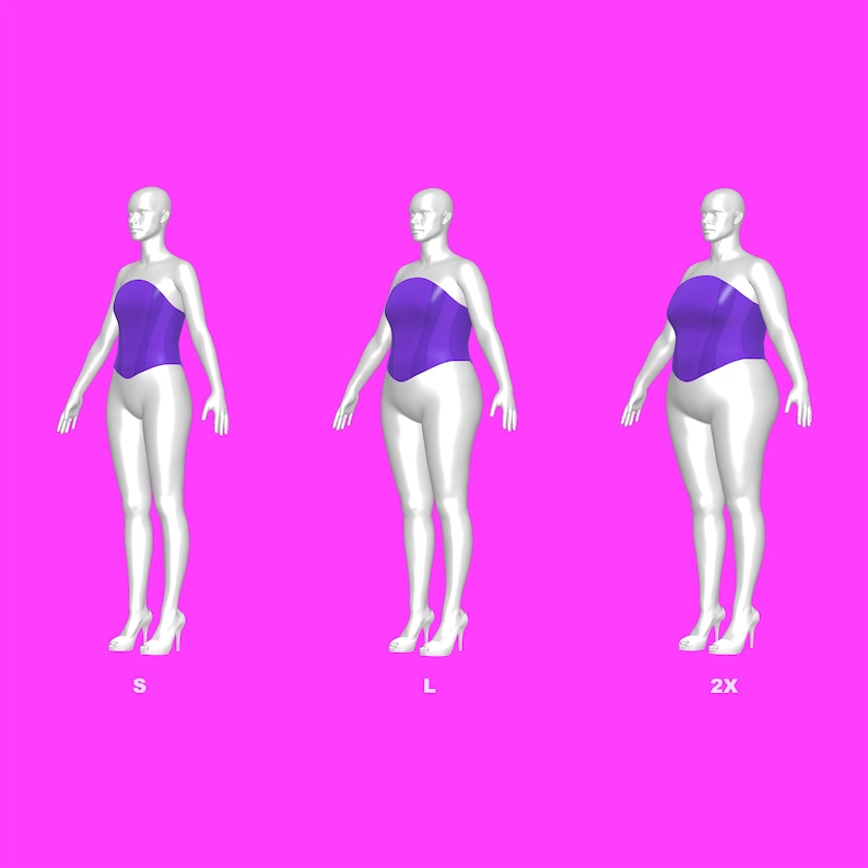 May include: Three mannequins wearing a purple corset, each in a different size: S, L, and 2X. The mannequins are standing on a pink background.