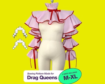 May include: A light pink bolero with a high ruffled collar and tiered ruffled sleeves, featuring red trim and red ribbon ties. The garment is displayed on a mannequin. Text includes "katkow SEWING PATTERNS", "Sewing Pattern Made for Drag Queens", and "3 SIZES INCLUDED M-XL".