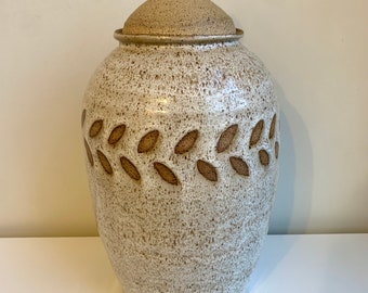 Handmade Cookie Jar with Lid, Pottery, Ceramic, Rustic Leaf Pattern White Speckle Design