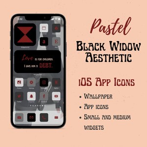 May include: A black and red iPhone screen with a custom app icon theme. The theme is inspired by the Black Widow character from Marvel Comics. The icons are black with red accents. The text on the screen reads "Love is for children. I owe him a debt."
