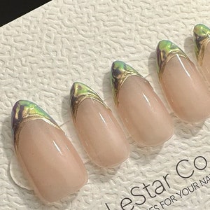 Handmade Iridescent French Tip Press On Nails: Green Purple Gel