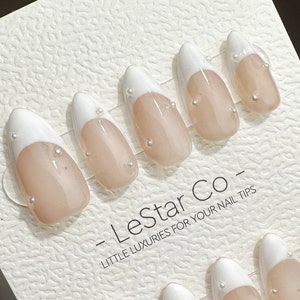 Unhas postiças francesas reutilizáveis com pérola | Unhas de gel acrílicas artesanais | Oferta por tempo limitado: 4 por 3