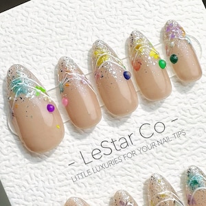 Celebration Press On Nails: Colourful Hand Painted Gel False Nails