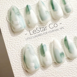 Hand Painted Press On Nails: Tranquil Watercolor Waves, Reusable Faux Nails