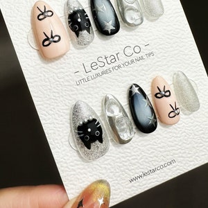 Fiocco gattino riutilizzabile / Premium Press on Nails Gel / Unghie finte / Unghie finte divertenti e divertenti in gel colorato per artista delle unghie ML612