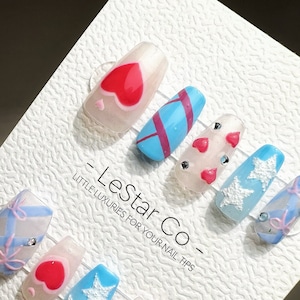 Wielokrotnego użytku Pastel Love Affair | Premium Press on Nails Gel Manicure Malowane ręcznie Pressons Ręcznie robione | Lestarco sztuczne paznokcie YR693