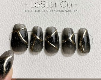 Timed Offer 4 For 3) Handmade Press On Black & Gold Gel Acrylic Nails