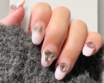 Handmade Pink French Press On Nails with Heart Charms – Reusable Gel Manicure