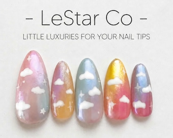 Timed Offer 4 For 3) Handmade Press On Rainbow Cloud Gel Acrylic Nails