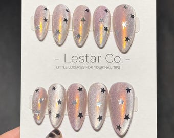 Handmade Iridescent Star Cat Eye Gel Press On Nails