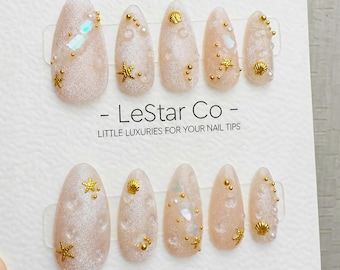 Handmade Seashell Sparkle Shore Cat Eye Press On Nails