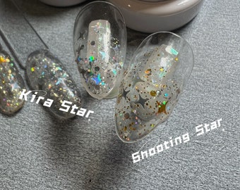 Shooting Star | Kira Star | Gold/Silver Holographic Star Mixed Glitter | Ultra Shine UV Gels Polish Home Nail DIY False Tips Nail Art Supply