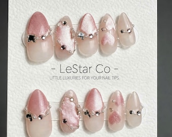 Handmade Pink Cat Eye Jewel Press On Nails – Reusable Gel Manicure Set