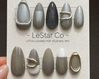 Handmade Charcoal Metallic Grey 3D Moonlit Gel Press On Nails