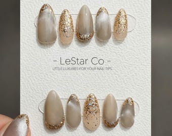 Oferta por tiempo limitado: 4x3) Uñas acrílicas de gel con purpurina dorada estilo ojo de gato, hechas a mano.
