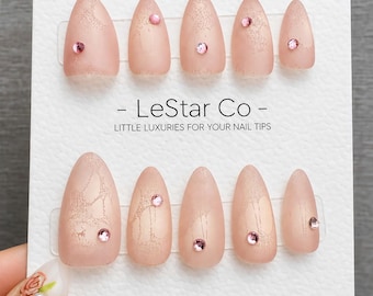 Handmade Dusty Rose Cat Eye Press On Nails with Rhinestones – Reusable Manicure
