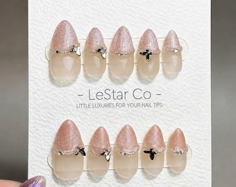 Handmade Icy Pink Butterfly French Tip Gel Nails – Customizable Press Ons