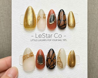 Timed Offer 4 For 3) Handmade Press On Golden Butterfly Autumn Gel Acrylic Nails