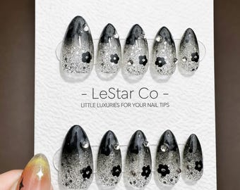 Timed Offer 4 For 3) Handmade Press On Black Flower Glitter Gel Acrylic Nails