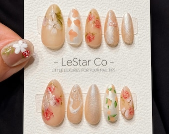 Handmade Rose Garden Butterfly Press On Nails – Gel Acrylic Manicure