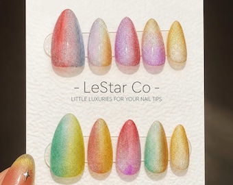 Timed Offer 4 For 3) Handmade Press On Rainbow Cat Eye Gel Acrylic Nails