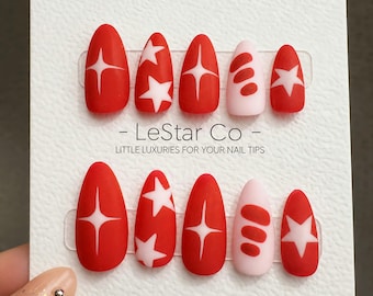 Timed Offer 4 For 3) Handmade Press On Scarlet Star Gel Acrylic Nails