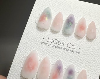 Reusable Translucent Illusions Water Color Effect| Premium Press on Nails Gel Hand Painted Pressons Customizable Gel Nail faux nails QN467