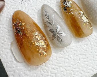Timed Offer 4 For 3) Handmade Press On Gilded Petal Gold Flake Gel Nails