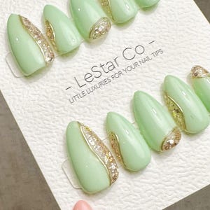 Reusable Press On Nails: Crystal Mint Gel, Hand Painted False Nails