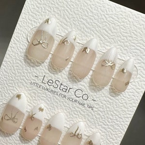 Reusable Beige Bow| Premium Handmade Press on Nails Gel | Fake Nails | Cute Pressons Gel Nail Artist faux nails